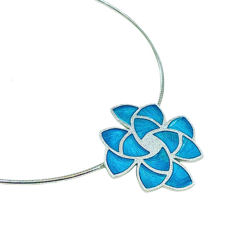 hydrangea shaped pendant enamelled in blue on sterling silver