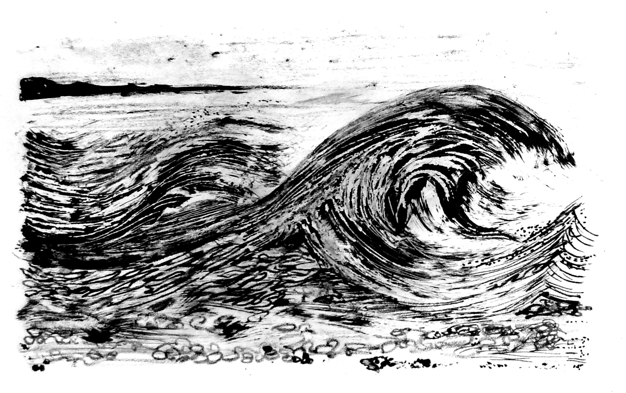 Black and white illustration of a swirling wave.