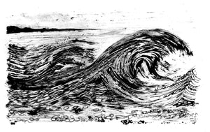 Black and white illustration of a swirling wave.