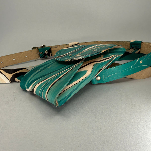 Left side of bag, on an angle