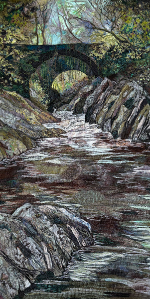 Artistic depiction of a stream flowing under an old  Roman  bridge with an new bridge in the distance, in a forest setting.