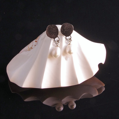 Oxidised fresh water pearl stud earrings with a pearl drop