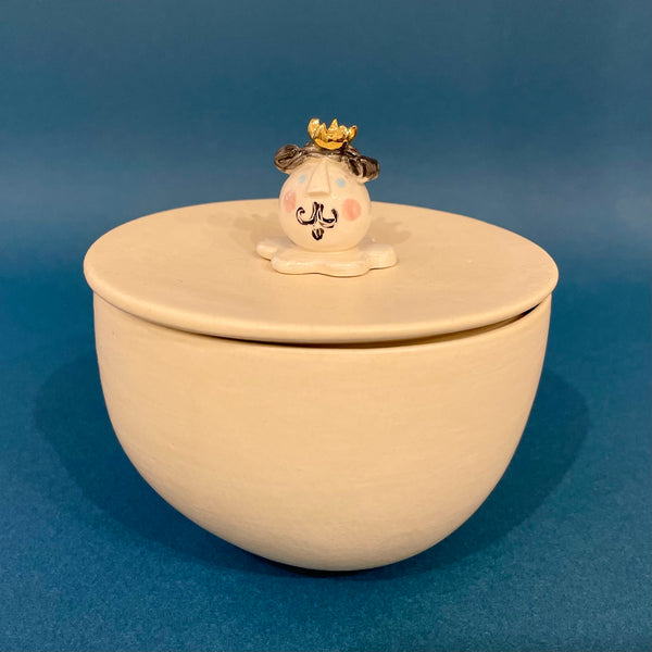 Cream lidded man’s head pot By Sophie Smith