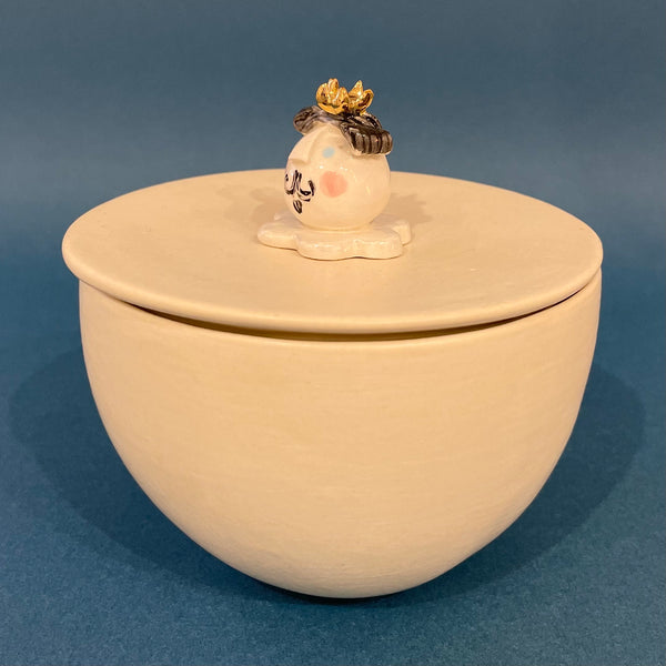 Cream lidded man’s head pot By Sophie Smith