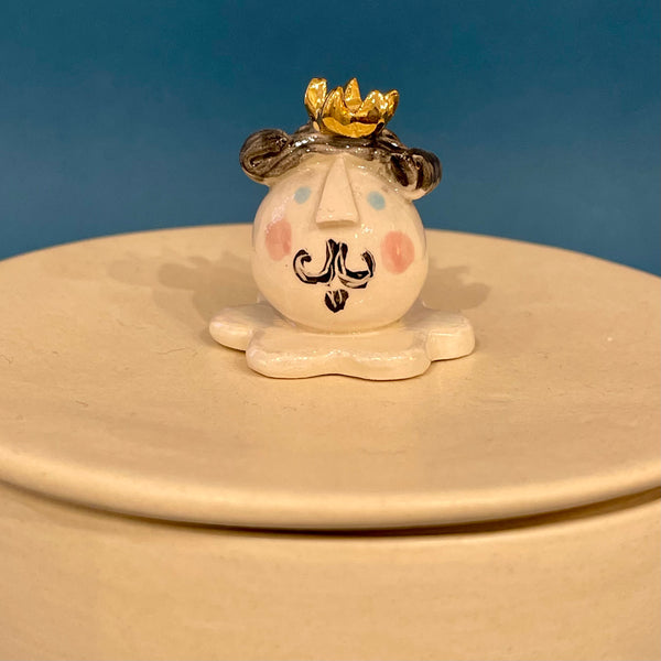 Cream lidded man’s head pot By Sophie Smith