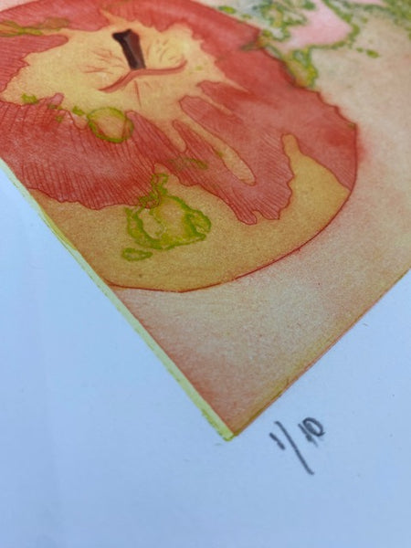 Abstract hand-pulled print with a stylised figure of an bitten apple and apple core on a textured background using a photoetching plate and screen printing