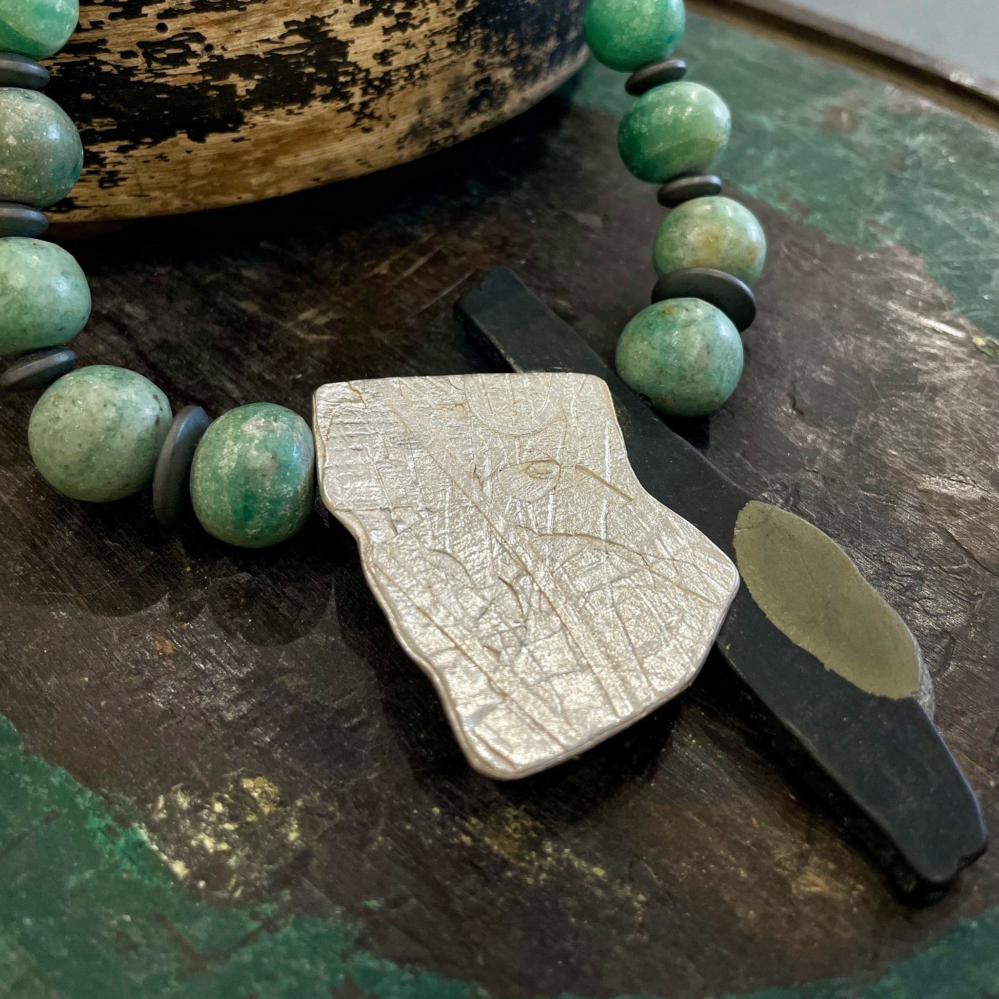 Fragment, slate and antique bead necklace by Kate Wilkinson