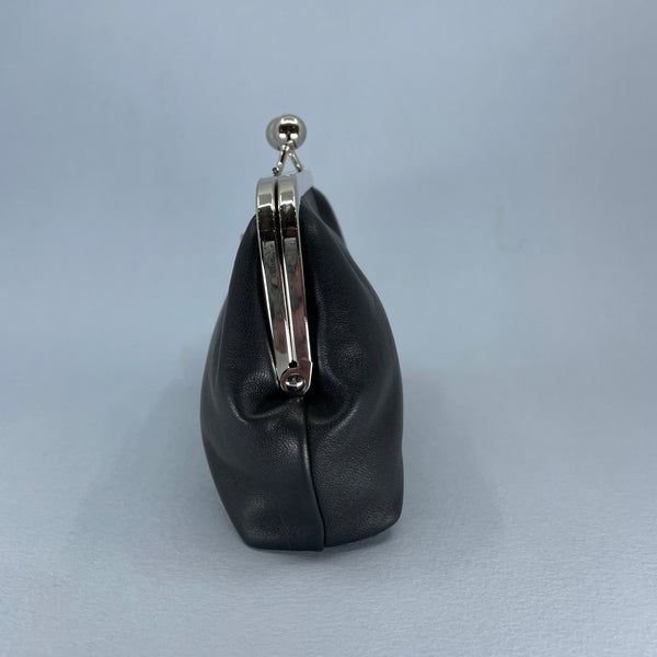 Side view of the black leather purse