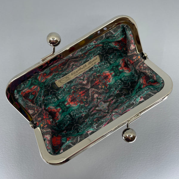 Looking down into the open purse to see the lining inside