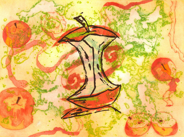 Abstract hand-pulled print with a stylised figure of an bitten apple and apple core on a textured background using a photoetching plate and screen printing