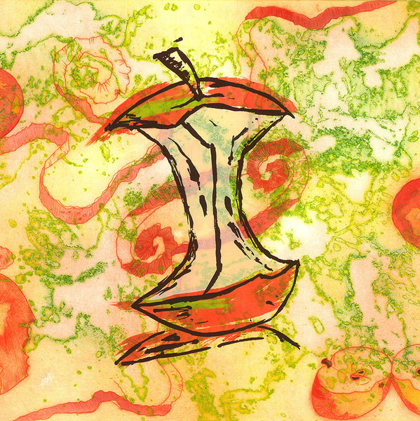 Abstract hand-pulled print with a stylised figure of an bitten apple and apple core on a textured background using a photoetching plate and screen printing