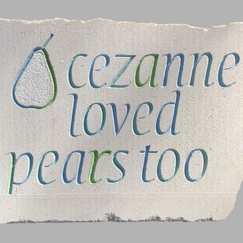 Apples and pears - carved and painted stone - Annet Stirling