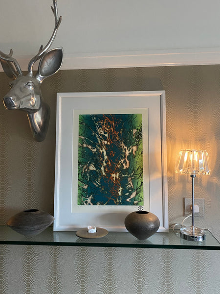 Colorful abstract Photoetching with a gradient from green, blue and orange to representing mycelia