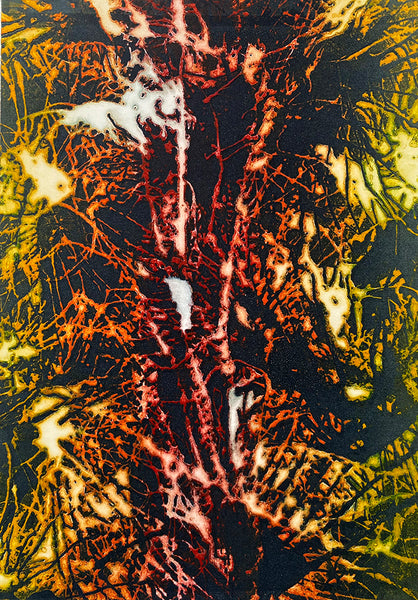 Photoetching with a gradient from black blue and orange representing mycelia
