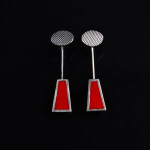 Dangly red enamelled earrings made by Cathy Timbrell