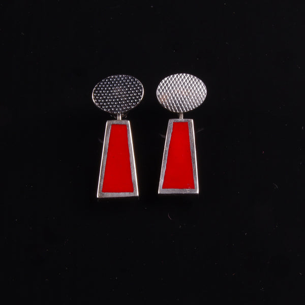Red enamelled and oxidised silver dangly earrings