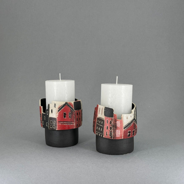 Red Buildings Candle Holders by Linda Cavill