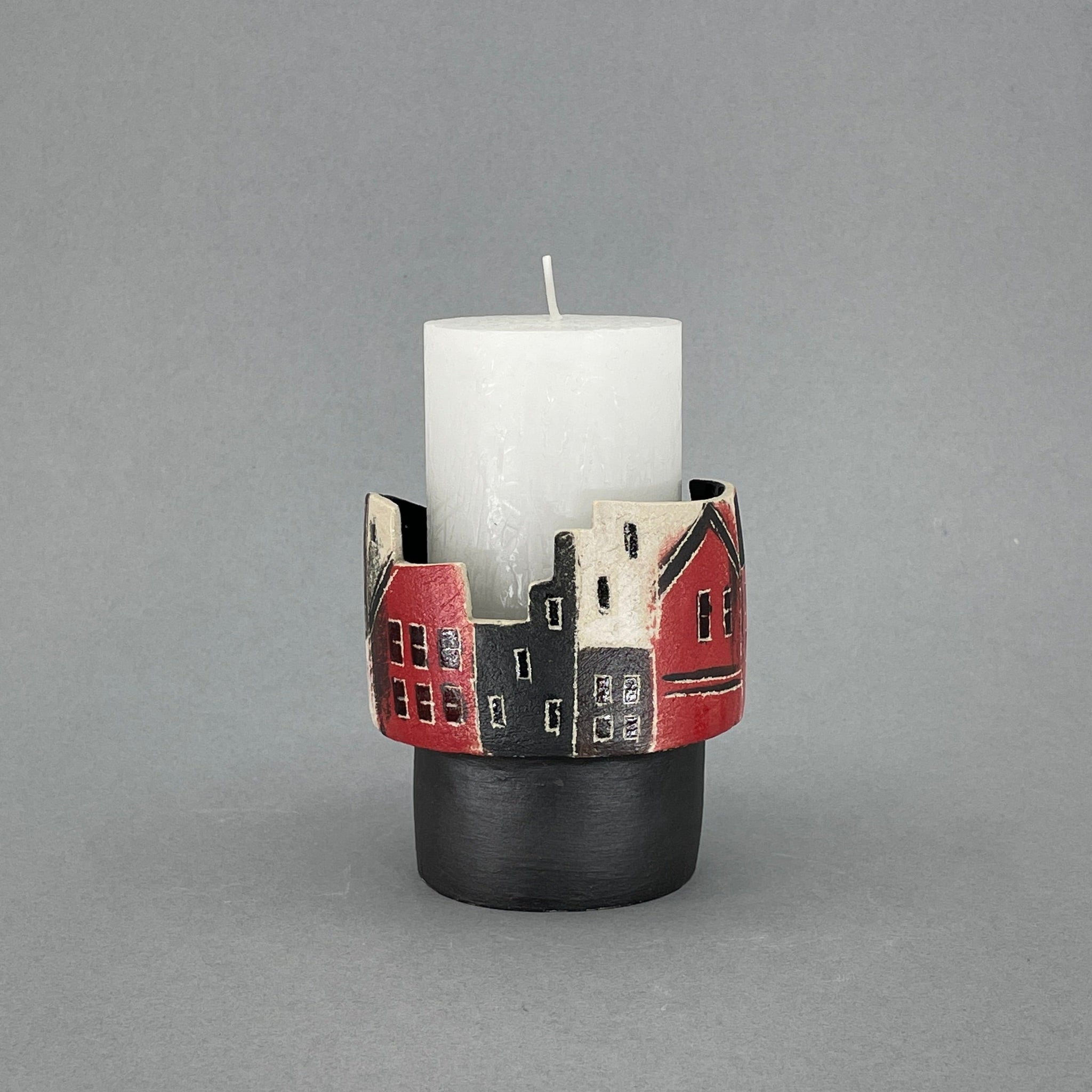 Red Buildings Candle Holders by Linda Cavill