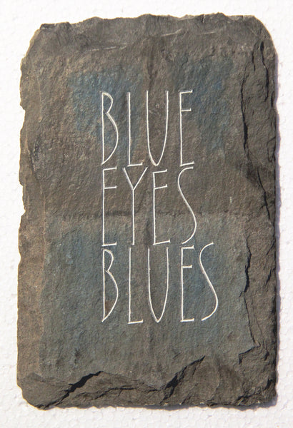 Blues eyes blues - carved green slate re-used roof tile by Annet Stirling