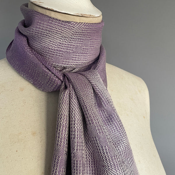 Lilac and silver grey handwoven scarf by Ann Brooks 